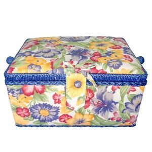 Vintage Floral Sewing Basket with Blue Trim & Lined Interior